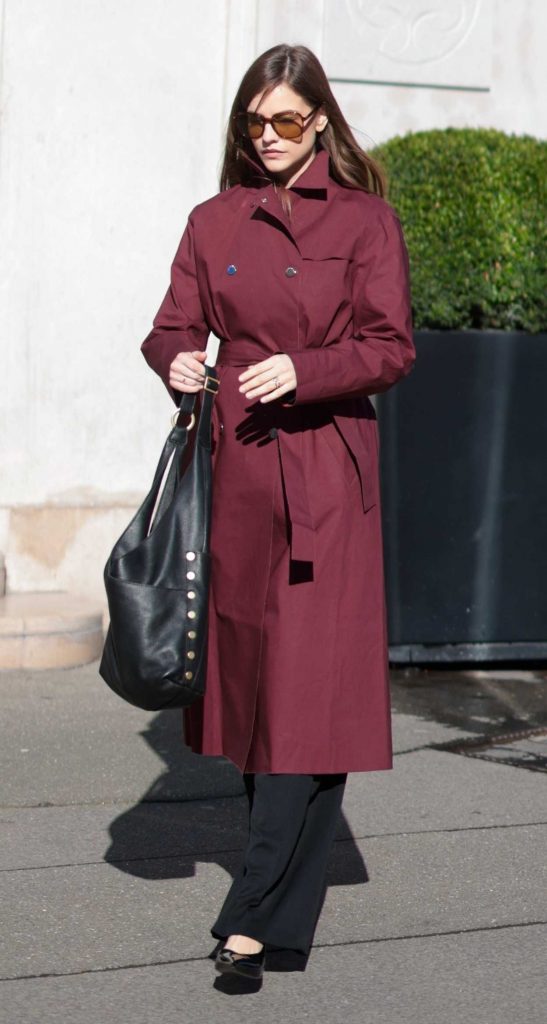 Barbara Palvin in a Burgundy Trench Coat
