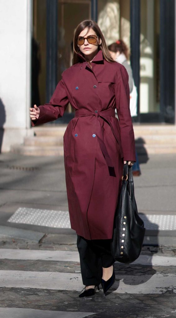 Barbara Palvin in a Burgundy Trench Coat