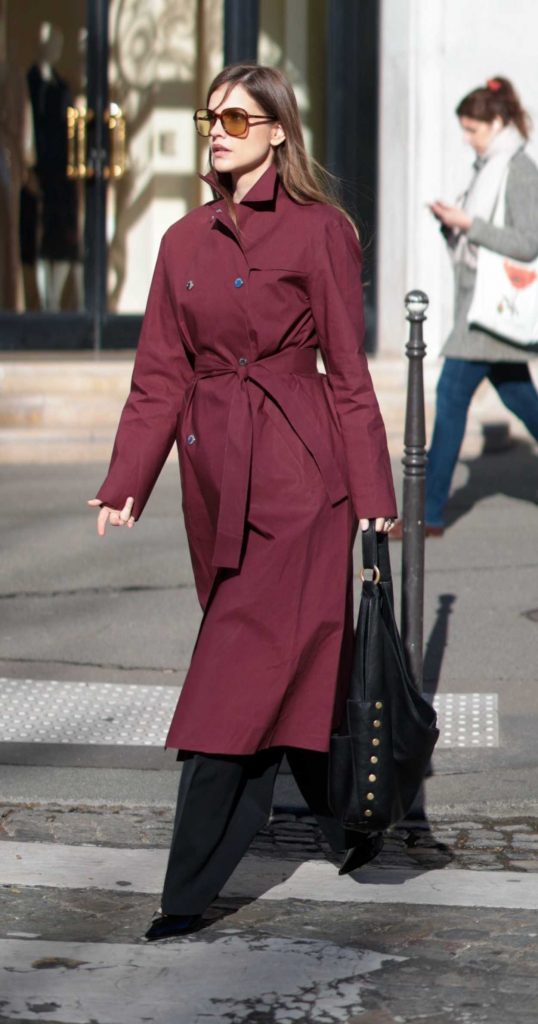 Barbara Palvin in a Burgundy Trench Coat