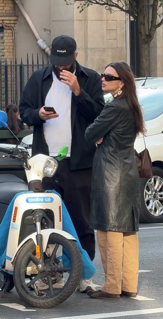 Emily Ratajkowski in a Black Leather Coat