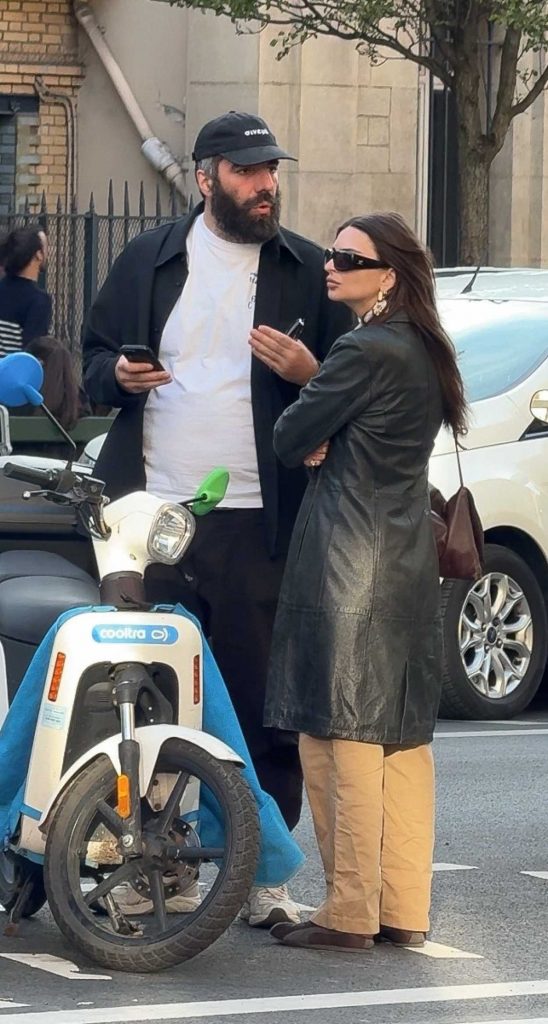 Emily Ratajkowski in a Black Leather Coat