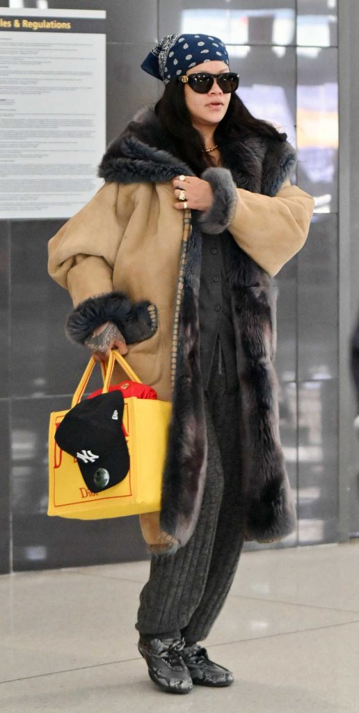 Rihanna in a Beige Sheepskin Coat