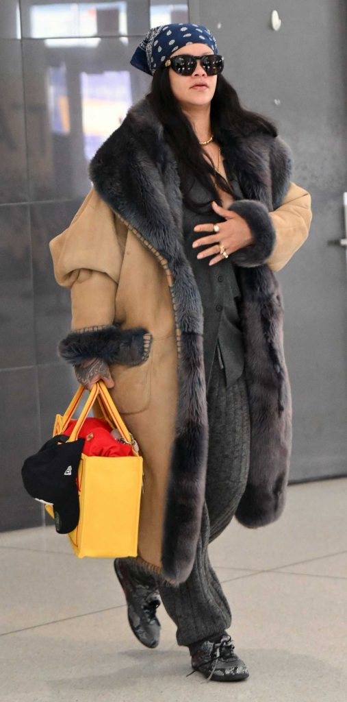 Rihanna in a Beige Sheepskin Coat