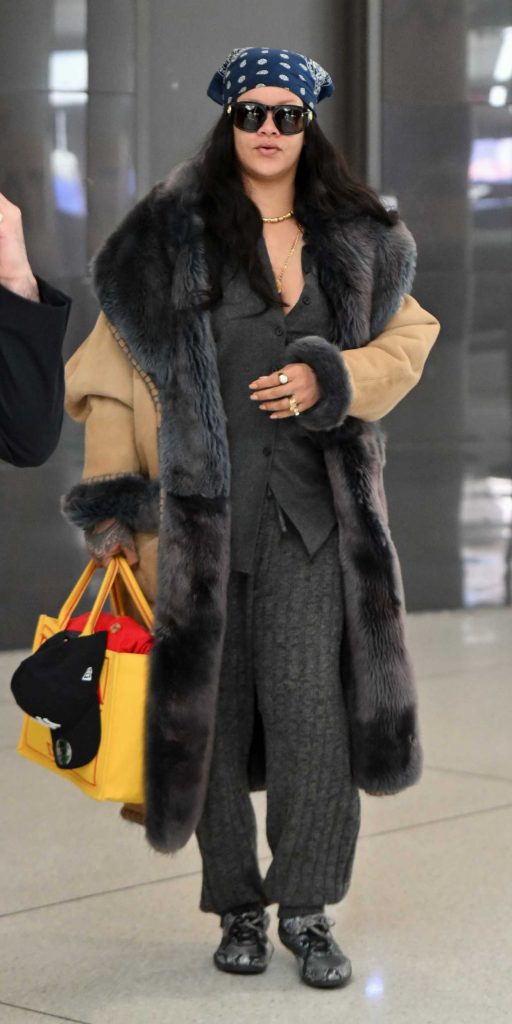 Rihanna in a Beige Sheepskin Coat