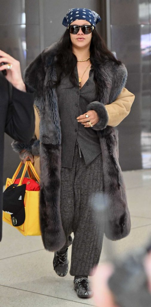 Rihanna in a Beige Sheepskin Coat