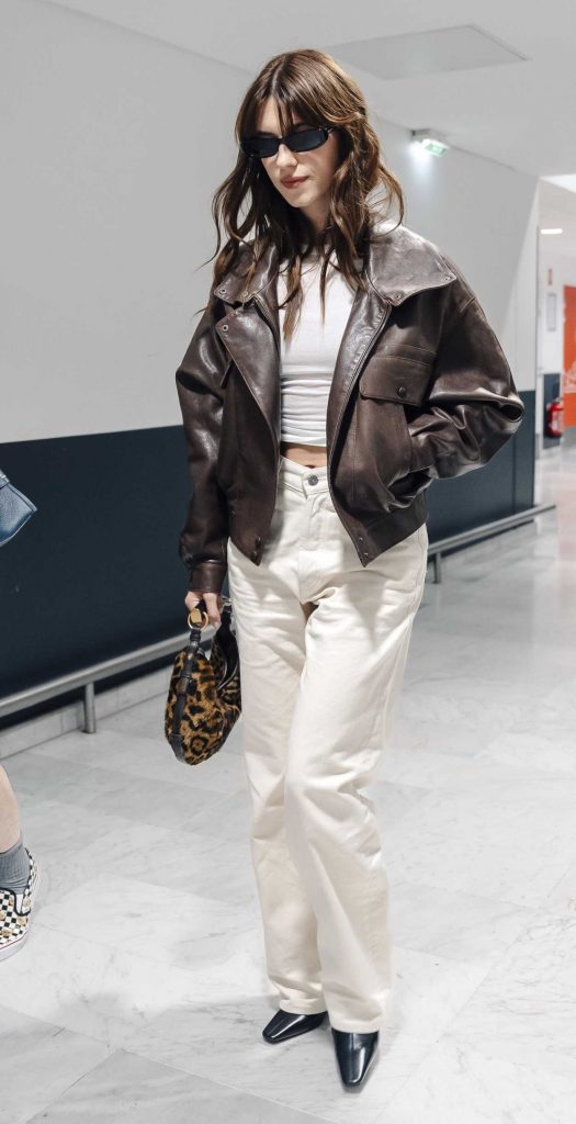 Daisy Edgar-Jones in a Brown Leather Jacket