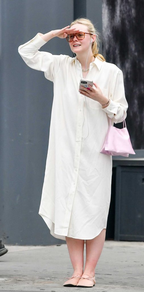 Elle Fanning in a White Shirt Dress