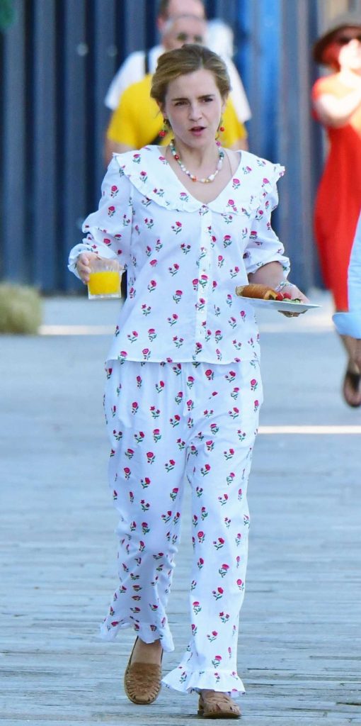 Emma Watson in a White Floral Print Pajamas