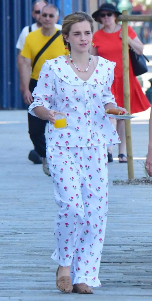 Emma Watson in a White Floral Print Pajamas