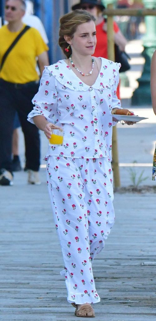 Emma Watson in a White Floral Print Pajamas