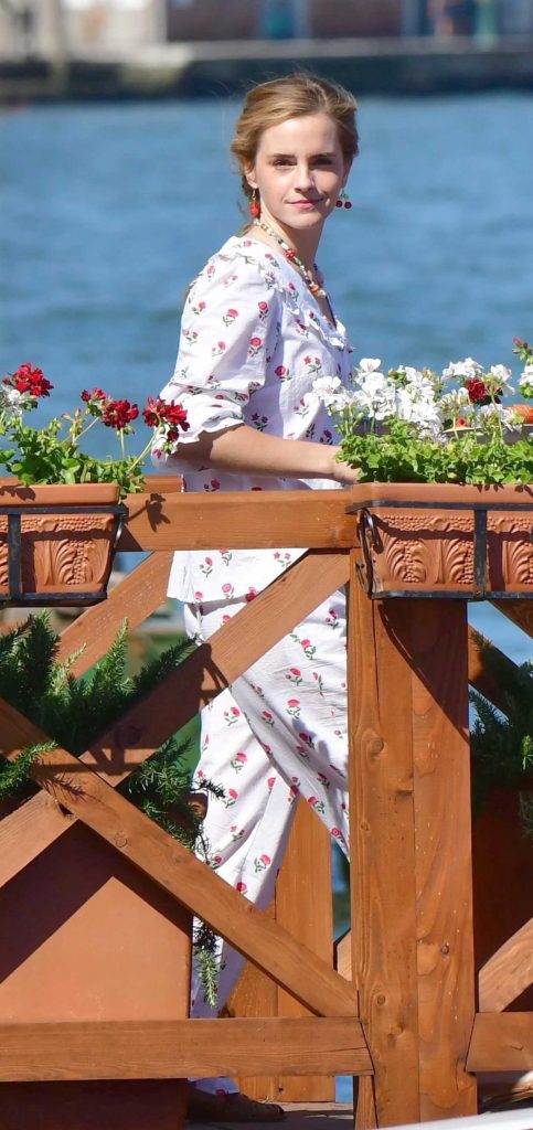 Emma Watson in a White Floral Print Pajamas