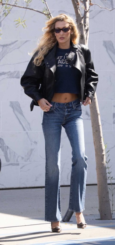 Bella Hadid in a Black Leather Jacket