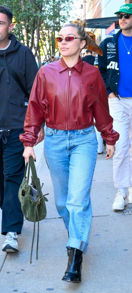 Florence Pugh in a Red Leather Jacket