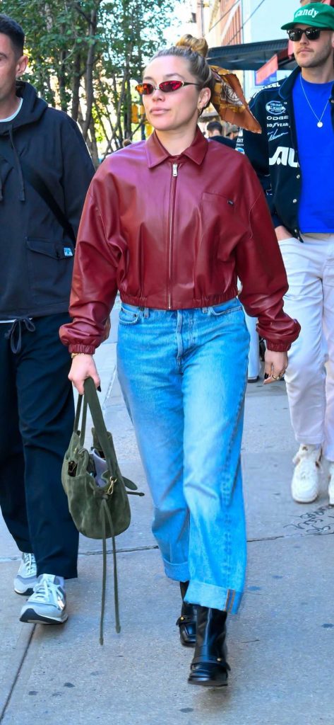 Florence Pugh in a Red Leather Jacket