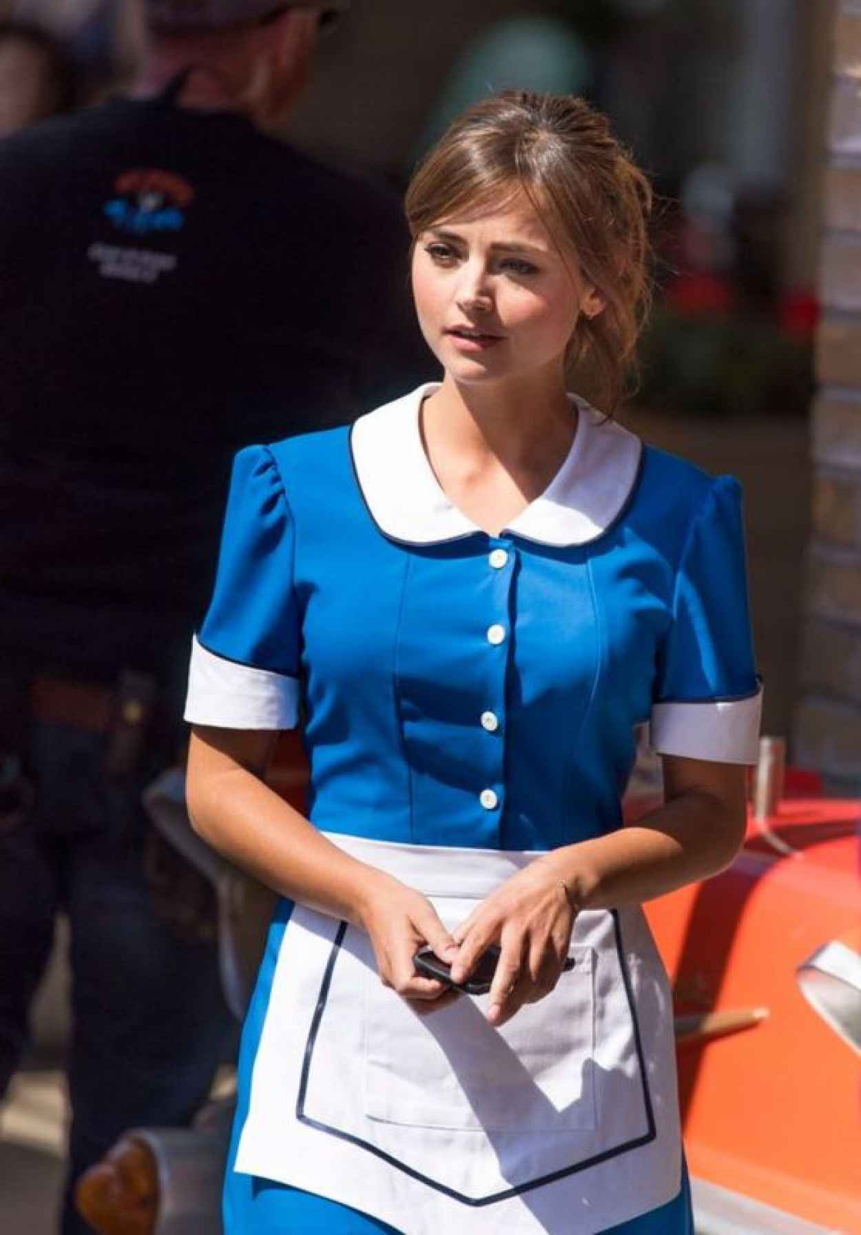 Jenna Coleman in a Waitress Costume - Doctor Who Set in Cardiff Bay, September 2015-1